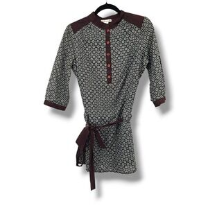 Vintage Forever 21 Floral Print Cotton Tunic 3/4 Sleeve Burgundy Trim Womens
